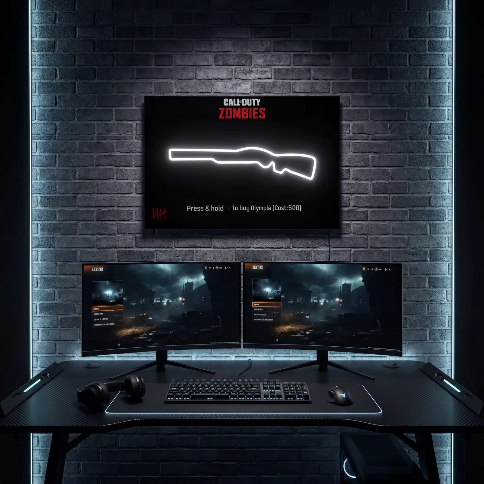 Olympia LED neon sign glowing above a gaming battlestation